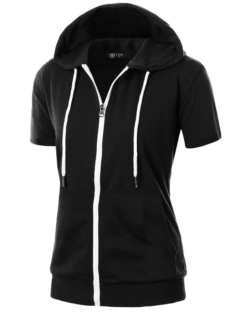 GIVON Womens Slim Fit Zip Up Hoodie Short Sleeve Thin Jacket Full Zip Sweatshirt with Plus Size / DCF207-BLACK-M - Image 1